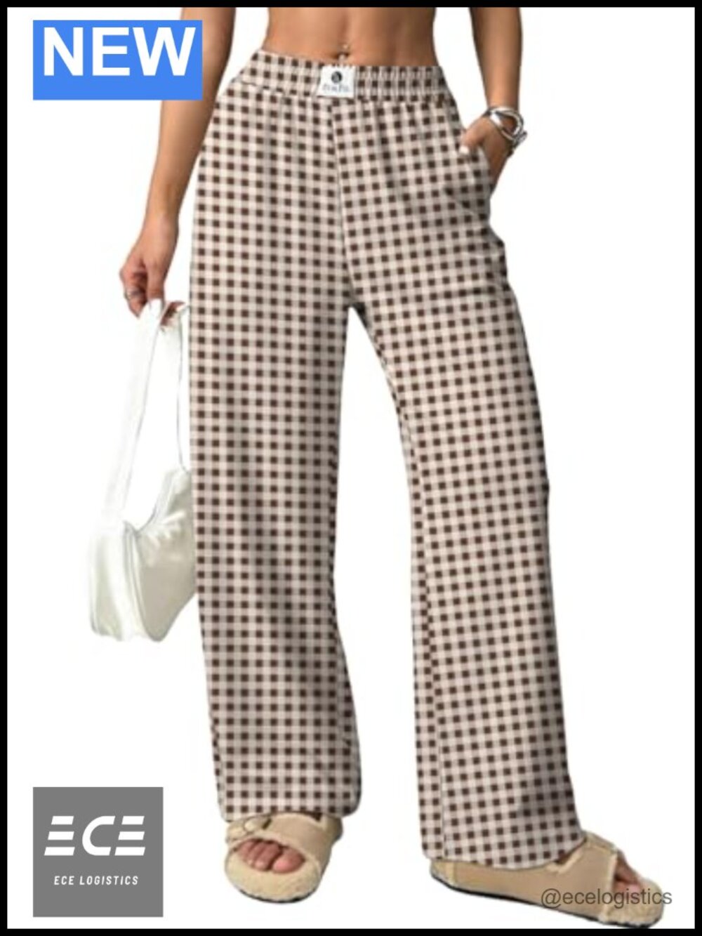 Womens High Waist Wide Leg Lounge Pants Pull On Gingham Palazzo